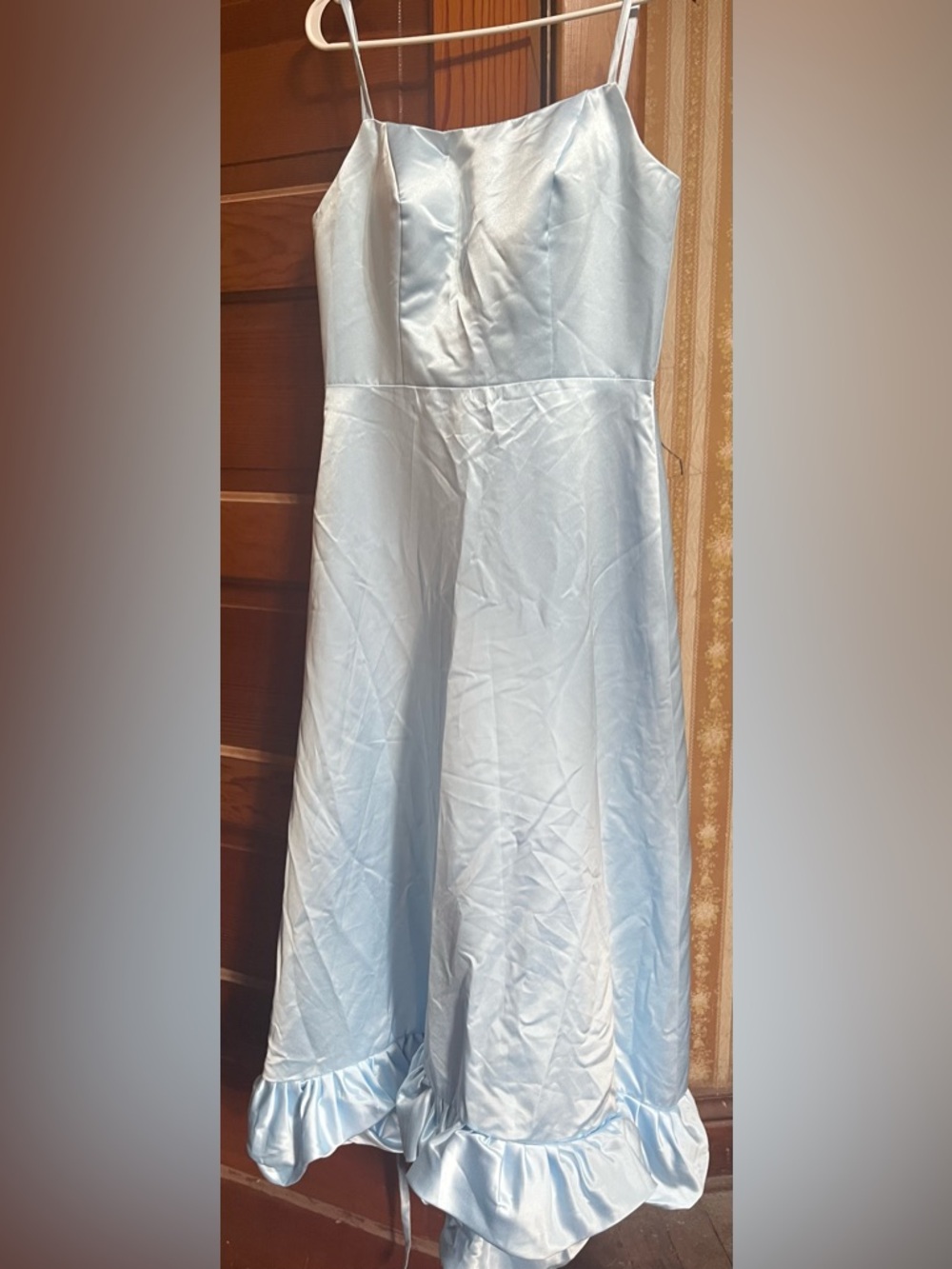 Light Blue Satin Midi Slip Dress with Ruffle Hem